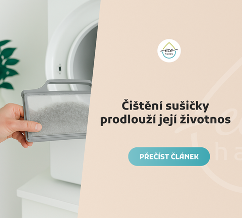 Čištění sušičky – důležitý krok pro její dlouhou životnost a efektivní sušení. Obrázek ukazuje moderní prádelnu se sušičkou a pračkou, s textem zdůrazňujícím důležitost údržby sušičky.