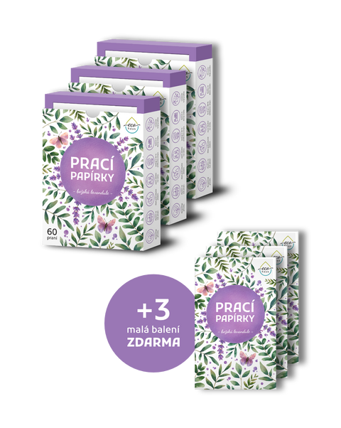 Výhodné balení 3+3 zdarma: Prací papírky EcoHaus božská levandule (celkem 195 praní)