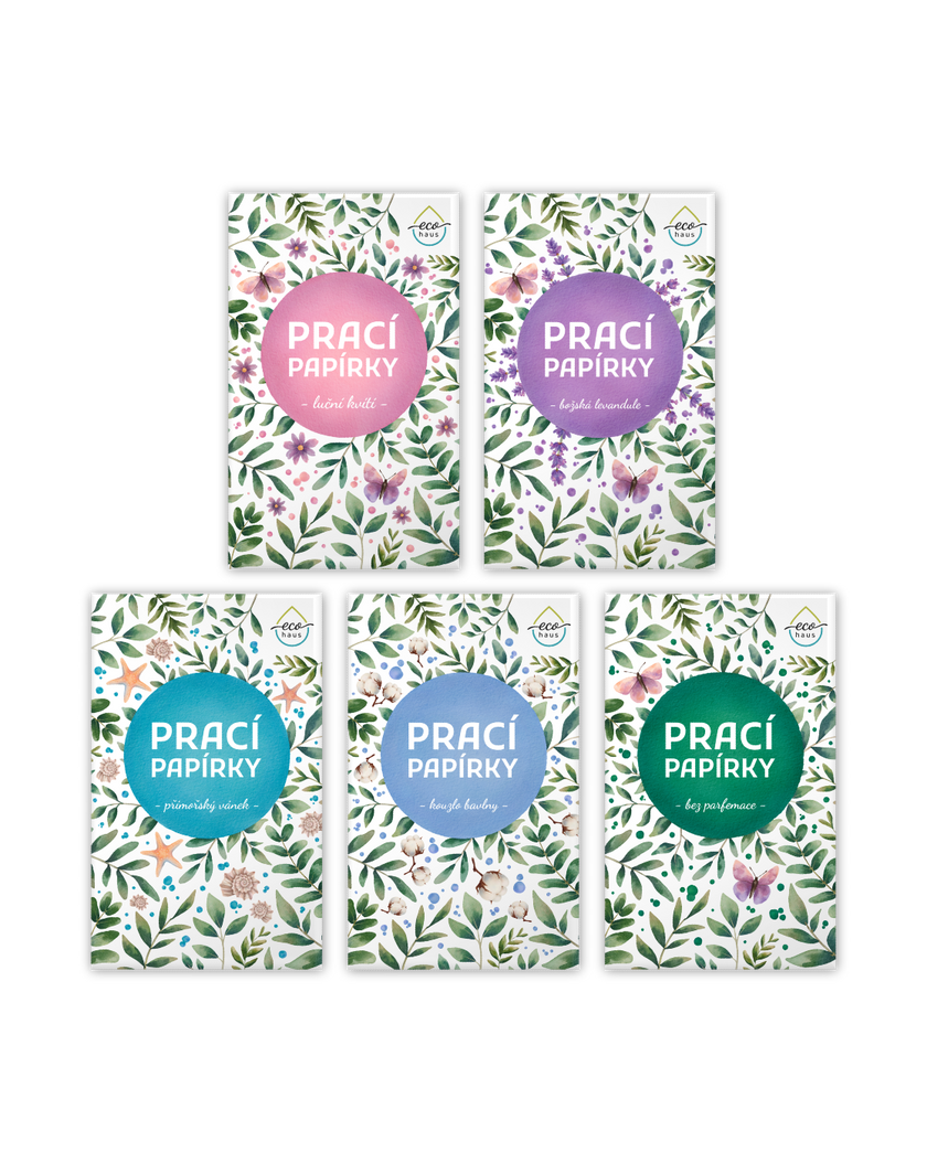 Prací papírky EcoHaus - testovací mix 5 vůní (celkem 25 praní)