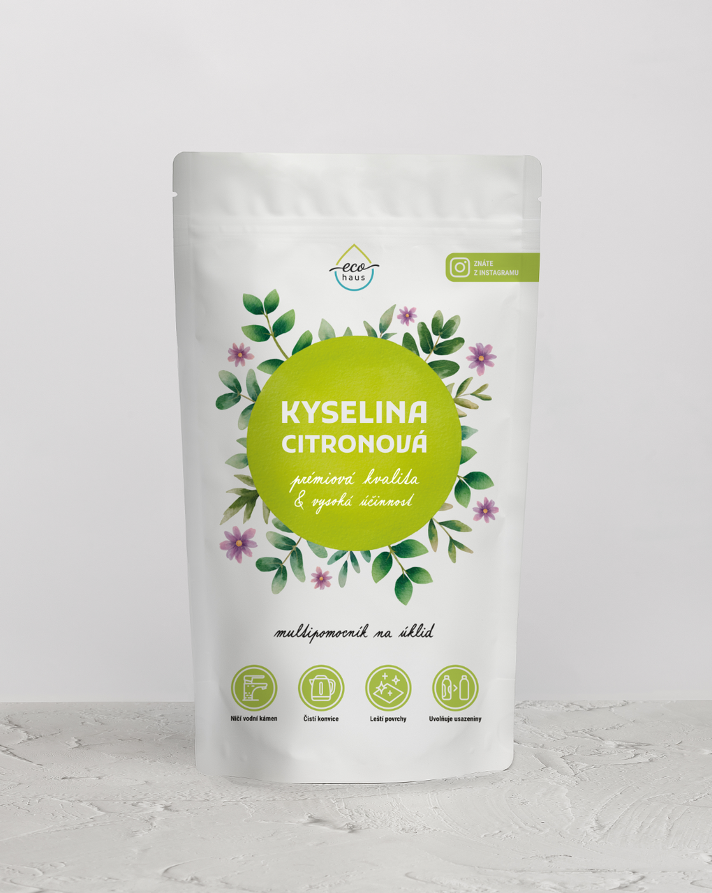 Kyselina citronová - Odstraňuje vodní kámen a leští sklo