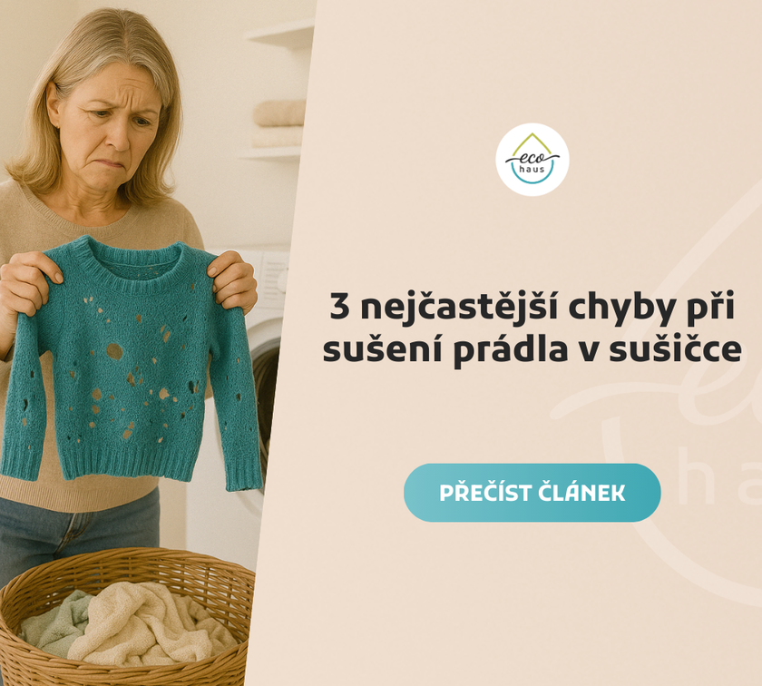 Nejčastější chyby při sušení prádla v sušičce – jak správně sušit oblečení, aby vydrželo déle. Na obrázku je sušička s prádlem a text upozorňující na chyby, kterým se vyhnout.