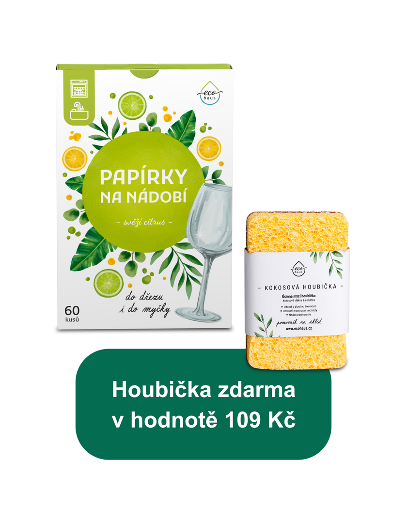 Duo na nádobí EcoHaus: Papírky na nádobí + kokosová houbička zdarma