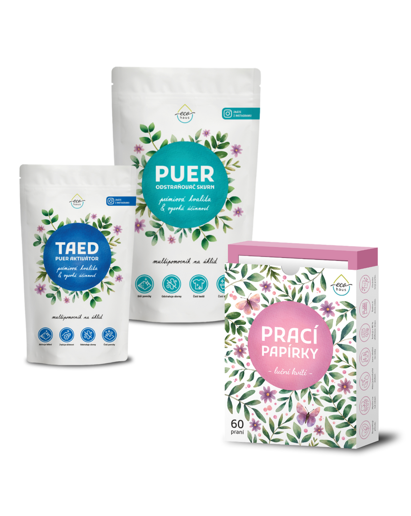 Super trio: PUER + TAED + Prací papírky 60 praní luční kvítí