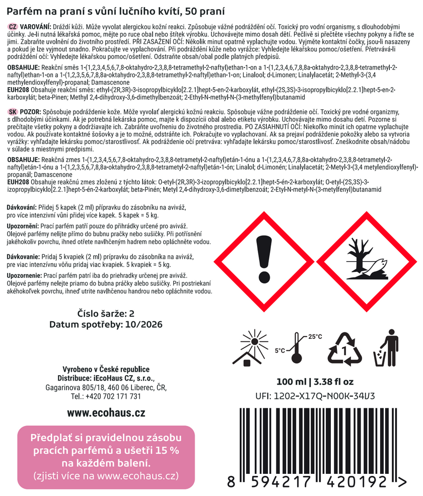 Prací parfém EcoHaus luční kvítí 100 ml, 100 praní
