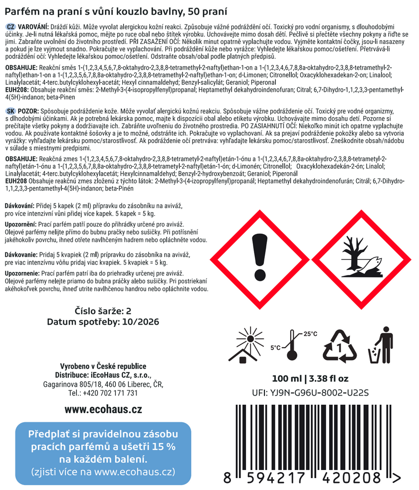 Prací parfum EcoHaus kúzlo bavlny 100 ml, 100 prania