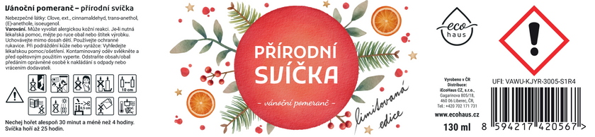 Limitovaná edice: Přírodní svíčka EcoHaus 130 ml, vánoční pomeranč
