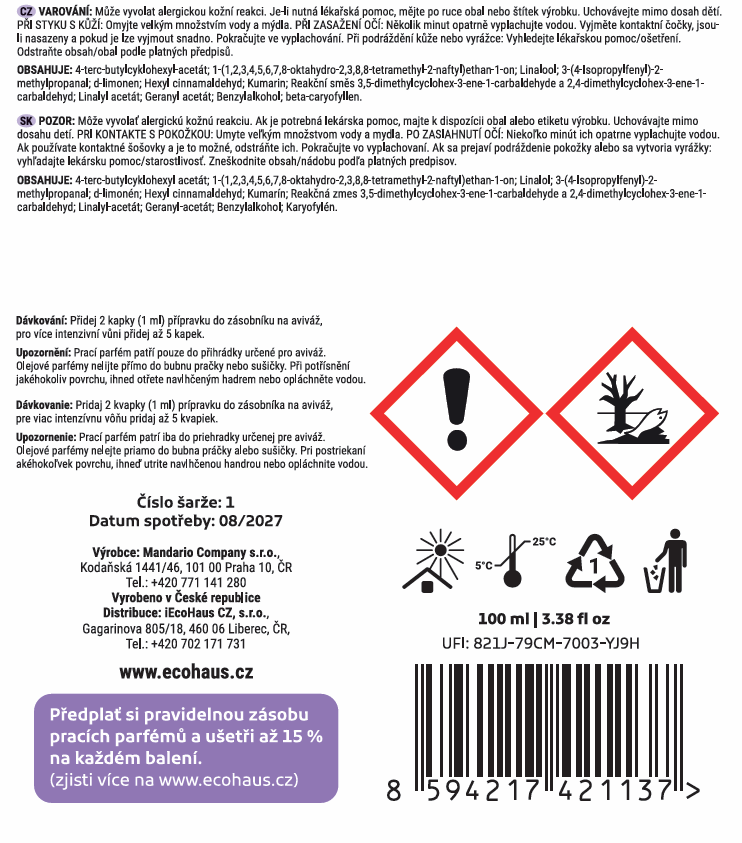 PŘEDPRODEJ, ODESÍLÁME V ZÁŘÍ - Prací parfém EcoHaus rozkvetlý šeřík 100ml, 100 praní