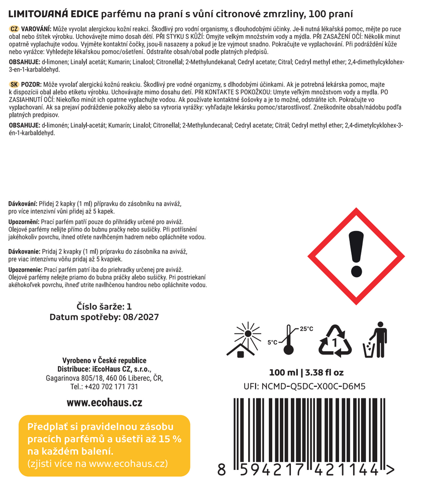 Prací parfém EcoHaus citronová zmrzlina 100 ml, 100 praní