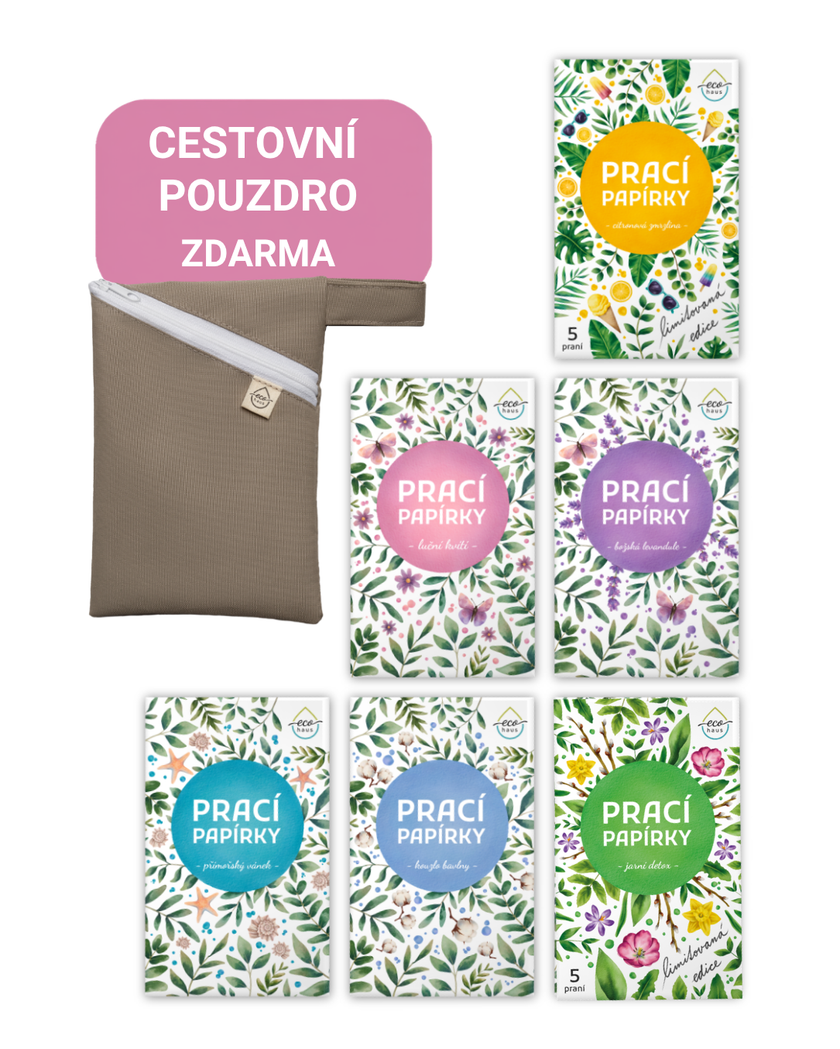 Balíček 6 vůní pracích papírků (celkem 30 praní) + cestovní pouzdro ZDARMA