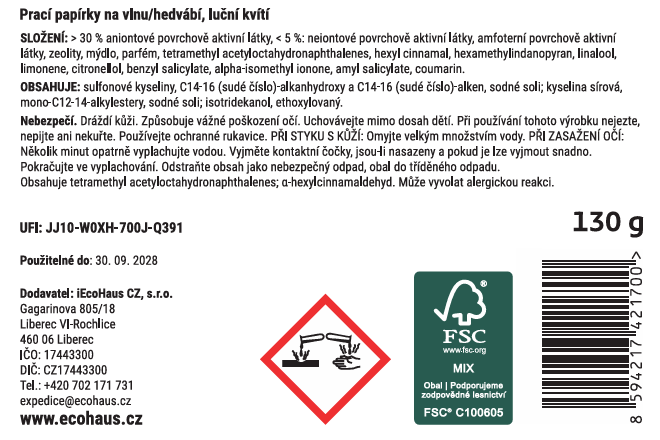 Prací papírky na vlnu a hedvábí EcoHaus 60 praní luční kvítí