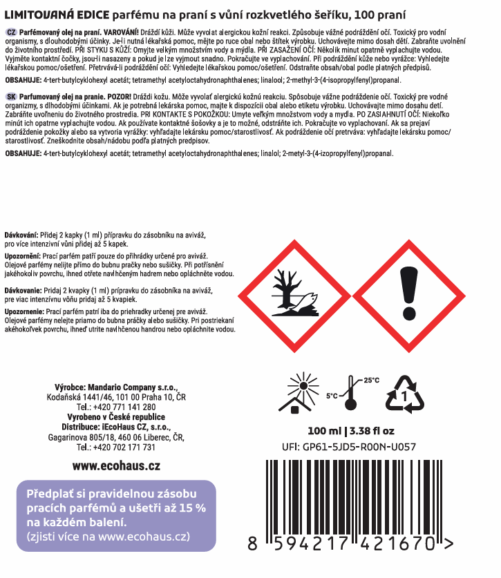 PŘEDPRODEJ, ODESÍLÁME NA KONCI ZÁŘÍ - Prací parfém EcoHaus rozkvetlý šeřík 100ml, 100 praní
