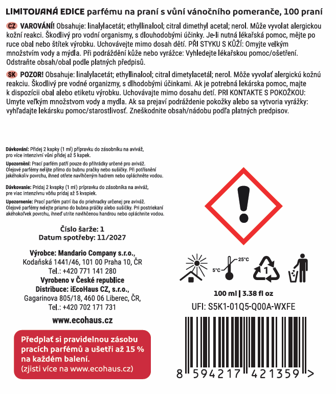 Prací parfém EcoHaus vánoční pomeranč 100 ml, 100 praní