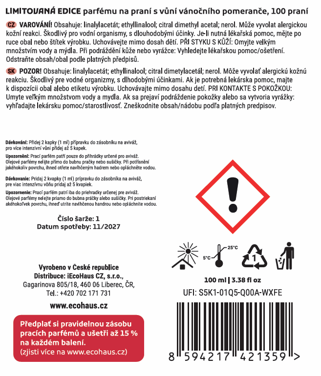 Prací parfém EcoHaus vánoční pomeranč 100 ml, 100 praní
